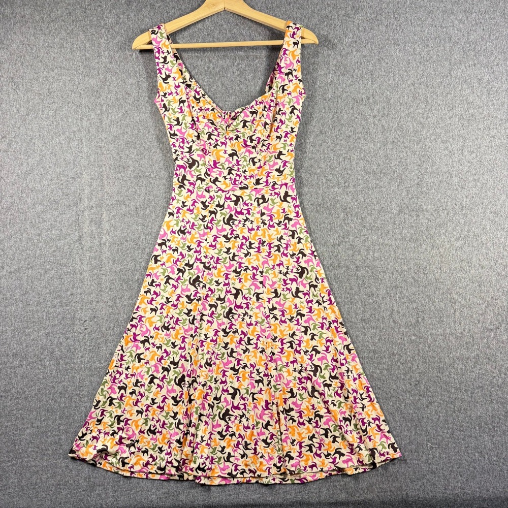 Issa London Silk Cat Print Midi Dress V-Neck Cutout Back Multicolor Size US 4